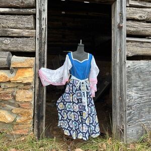 Blue Quilted Pattern Wrap Dress with Lace Sleeves